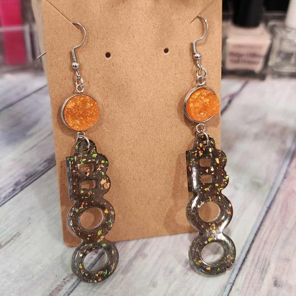 Boutique resin and glitter black BOO dangle earrings